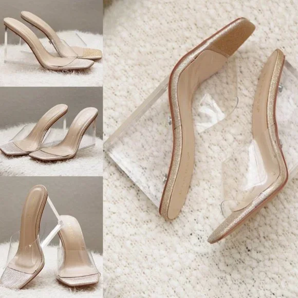 NEW Clear Transparent Wedge Slip On Square Toe Mule Sandal Heels Champagne Gold - Picture 5 of 8